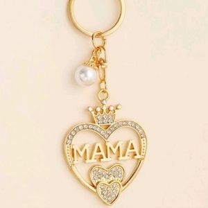 Mama Faux Pearl and Rhinestone Heart Charm Keychain